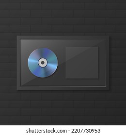 Realistic Vector 3d Yellow Golden CD, Label with Black CD Cover Frame Isolated on Black Brick Wall Background. Single Album Compact Disc Award, Limited Edition. CD Design Template