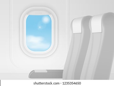Realistic vector airplane transport Interior. Aircraft inside seats chairs near window. Business class travel concept.