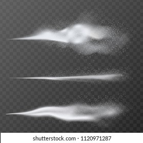 Realistic Vector Airy Water Spray Mist Effect Set. Sprayer Fog Isolated On Dark Transparent Alpha Background.