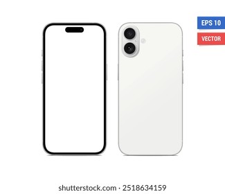 Realistic vector Apple iPhone 16 Plus mockup with blank screen isolated on white background. Scale image any resolution