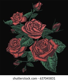 Realistic vector art - Red roses  on black background. - Design element for  greeting card 
