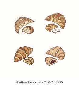 Realistic vector artwork of a delicious croissant, a popular bakery item, perfect for food illustrations, menus, packaging, and digital designs