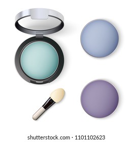 Realistic vector assorted colors palette of cosmetic eye shadow blue shades with a brush for application isolated on white background.