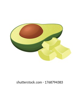 Realistic vector avocados illustration. Half and pieces of avocado on a white background