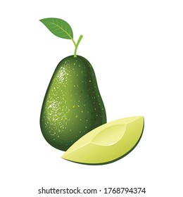 Realistic vector avocados illustration. Whole and cut avocado isolated on white background.