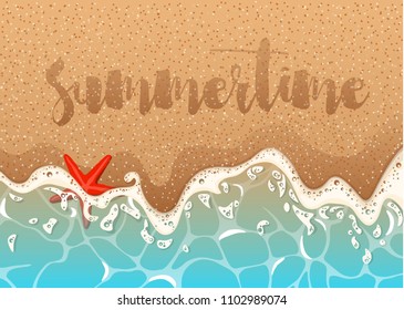 Realistic vector background of a sandy beach with azure foamy wave, starfish and shells.