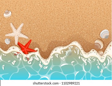 Realistic Vector Background Of A Sandy Beach With Azure Foamy Wave, Starfish And Shells.