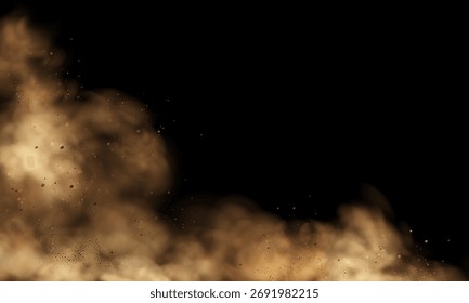 Realistic vector background of sandy smoke clouds and fine dust particles swirling in a desert storm. Brown dune explosion with yellow flying sand, dirt clusters, and textured wind effect.