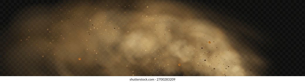 Fondo realista del Vector de las nubes de humo arenosas y de las partículas finas del polvo que arremolinan en una tormenta del desierto. Explosión de dunas marrones con arena voladora amarilla, cúmulos de tierra y efecto de viento texturizado.