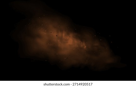 Fondo realista del Vector de las nubes de humo arenosas y de las partículas finas del polvo que arremolinan en una tormenta del desierto. Explosión de dunas marrones con arena voladora amarilla, cúmulos de tierra y efecto de viento texturizado.