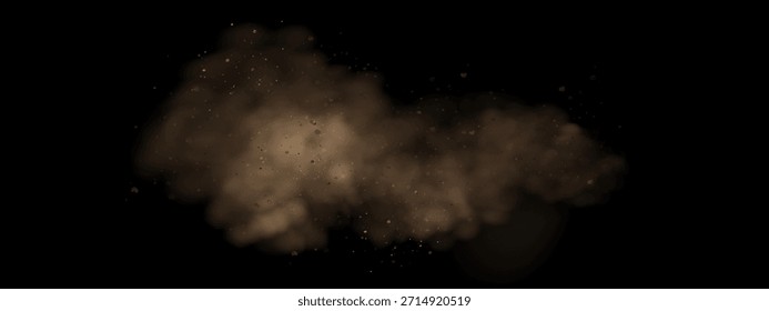 Vetor de fundo realista de nuvens de fumaça arenosas e partículas finas de poeira girando em uma tempestade no deserto. Explosão de dunas marrons com areia amarela voadora, aglomerados de sujeira e efeito de vento texturizado.
