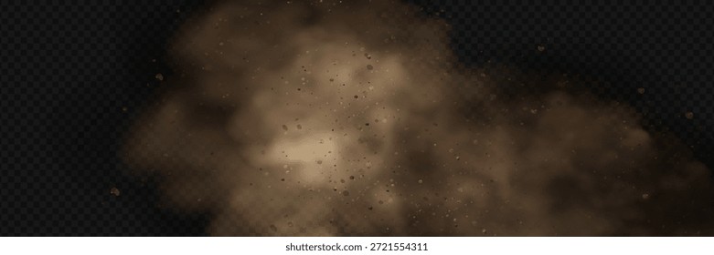 Realistischer Vektorhintergrund aus sandigen Rauchwolken und feinen Staubpartikeln, die in einem Wüstensturm wirbeln. Braune Dünenexplosion mit gelbem fliegendem Sand, Schmutzansammlungen und strukturiertem Windeffekt.