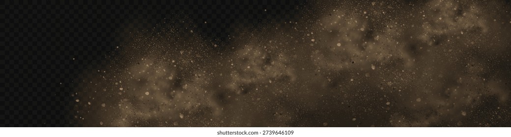 Realistic vector background of sandy smoke clouds and fine dust particles swirling in a desert storm. Brown dune explosion with yellow flying sand, dirt clusters, and textured wind effect.