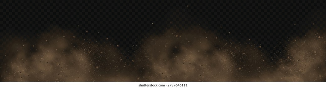 Realistic vector background of sandy smoke clouds and fine dust particles swirling in a desert storm. Brown dune explosion with yellow flying sand, dirt clusters, and textured wind effect.