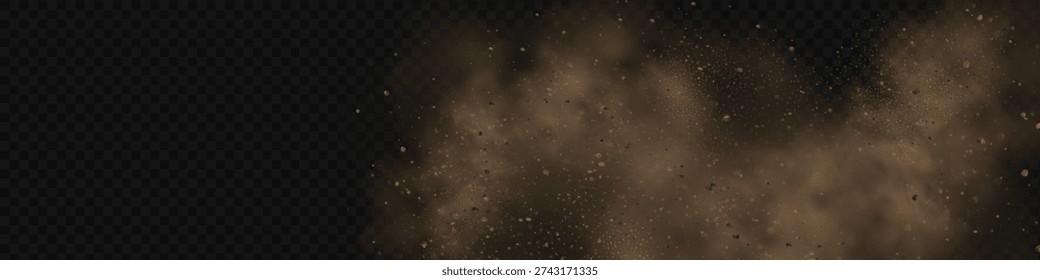 Realistic vector background of sandy smoke clouds and fine dust particles swirling in a desert storm. Brown dune explosion with yellow flying sand, dirt clusters, and textured wind effect.
