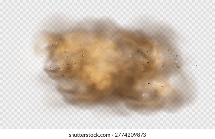 Realistic vector background of sandy smoke clouds and fine dust particles swirling in a desert storm. Brown dune explosion with yellow flying sand, dirt clusters, and textured wind effect.