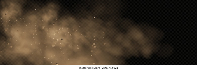 Realistic vector background of sandy smoke clouds and fine dust particles swirling in a desert storm. 