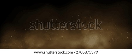 Realistic vector background of sandy smoke clouds and fine dust particles swirling in a desert storm. Brown dune explosion with yellow flying sand, dirt clusters, and textured wind effect.