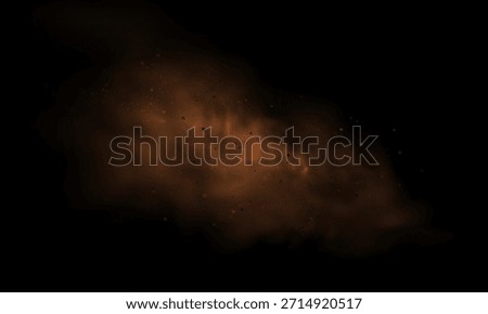Realistic vector background of sandy smoke clouds and fine dust particles swirling in a desert storm. Brown dune explosion with yellow flying sand, dirt clusters, and textured wind effect.