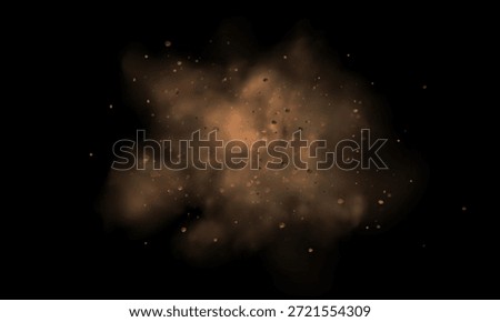 Realistic vector background of sandy smoke clouds and fine dust particles swirling in a desert storm. Brown dune explosion with yellow flying sand, dirt clusters, and textured wind effect.