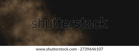 Realistic vector background of sandy smoke clouds and fine dust particles swirling in a desert storm. Brown dune explosion with yellow flying sand, dirt clusters, and textured wind effect.
