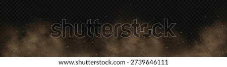 Realistic vector background of sandy smoke clouds and fine dust particles swirling in a desert storm. Brown dune explosion with yellow flying sand, dirt clusters, and textured wind effect.