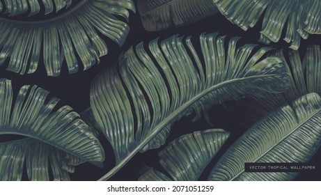 Realistic vector background tropical monstera leaves in dark colors. Hand-drawn palm leaves in vertical wallpaper for phone screens. Screen saver on lock screen, format for posts in social networks