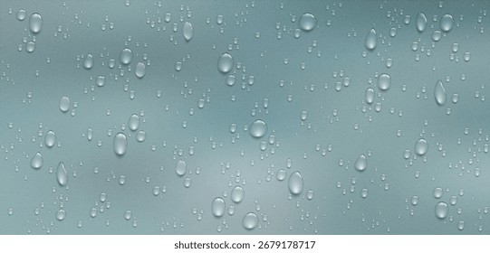 Realistic vector background of water drops on glass surface. Condensation pattern with transparent dew effect, perfect for fresh clean design and cosmetic themes.