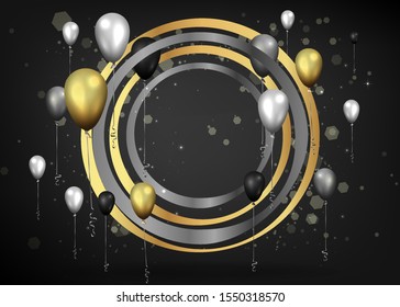 Realistic vector balloons background  for  web and print decoration, golden black and silver luxury illustration.