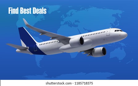 Realistic Vector Banner for Cheap Flights Business Promotion On World Map - Template Mockup Easy to Edit