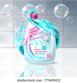 Realistic Vector Banner With Organic Liquid Detergent In Light Blue Plastic Bottle With Brand Label, With Splashed Cleanser And Soap Bubbles Against White Tile. Mockup Efficient Laundry Detergent Ad