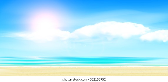 Realistic Vector Beach And Tropical Sea With Bright Sun
