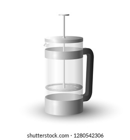Realistic vector of beautiful steel and glass french press coffee maker.