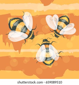 Realistic vector bee (bumblebee) isolated on soft orange background seamless vector pattern with colorful horizontal grunge lines