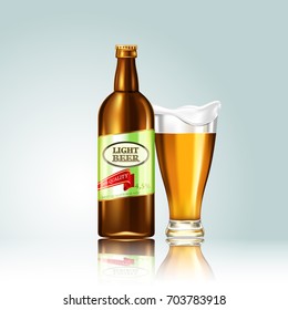 Realistic vector beer bottle and glass. Illustration for oktoberfest.