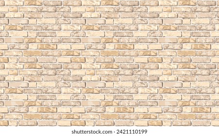 Realistic vector beige brick wall pattern horizontal background. Flat old brown wall texture. Yellow textured brickwork for print, paper, design, decor, photo background, wallpaper