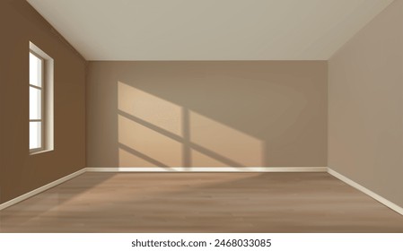 Habitación realista de Vector beige con luz solar y ventana. Ilustración de diseño de interiores de apartamentos con paredes en blanco pastel, con suelo de parqué de madera sin muebles.