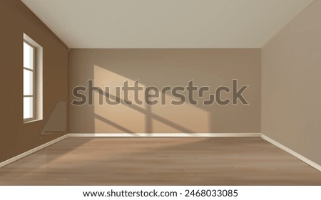 Realistic vector beige room with sunlight and window. Illustration of apartment interior design with blank pastel walls,  with wooden parquet floor without furniture.