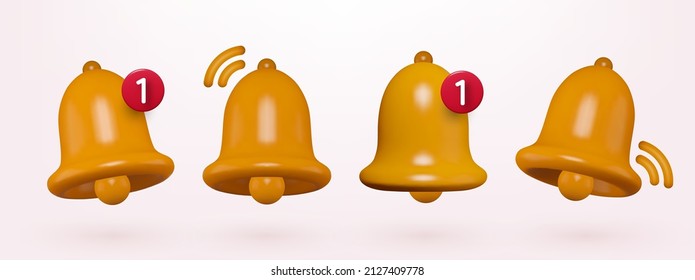 Realistic vector bell icon set isolated. Social media reminder. 3d render yellow ringing bell.