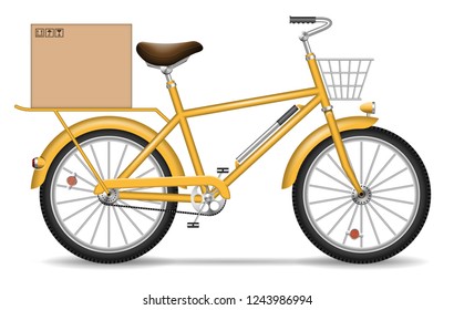 Realistic vector bicycle with carton box and basket on white background. Isolated yellow delivery bike side view.