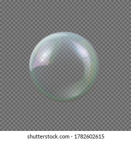 Realistic vector big round crystal soap bubble isolated on gray transparent background. Huge translucent clear sphere with color reflection, glare and shadow. Abstract design decoration
