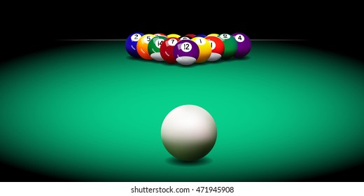 Realistic vector billiard illustration. Billiard balls on the green table. 