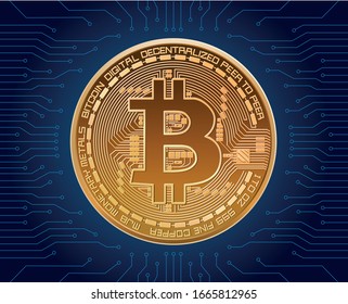 realistic vector bitcoin crypto currency illustration on blue background