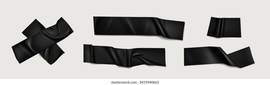 Realistic vector black adhesive duct tape pieces with crumpled effect. Collection of torn ripped plastic sticky strip patch for repair and masking. mockup set of glued cut wrinkled plaster or scotch.