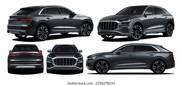 Realistic Vector Black Car SUV  Isolated, 3d perspective with transparency gradients and front, back, side view - Shutterstock ID 2296278233