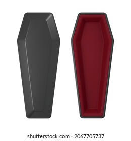 Realistic vector black coffin with red upholstery. Open and closed casket