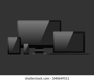 Realistic Vector Black Digital Device Gadget Mockup Set. High Quality Shiny Smartphone, Tablet, Laptop And Computer Monitor Icons With Blank Screens On Dark Black Background.