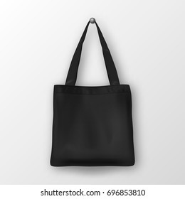 Realistic vector black empty textile tote bag. Closeup isolated on white background. Design template for branding, mockup. EPS10.