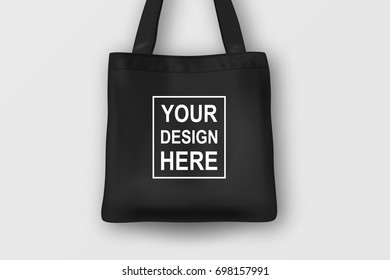 Realistic vector black empty textile tote bag. Closeup isolated on white background. Design template for branding, mockup. EPS10.