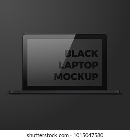 Realistic Vector Black Laptop Mockup Template With Blank Screen On Dark Black Background